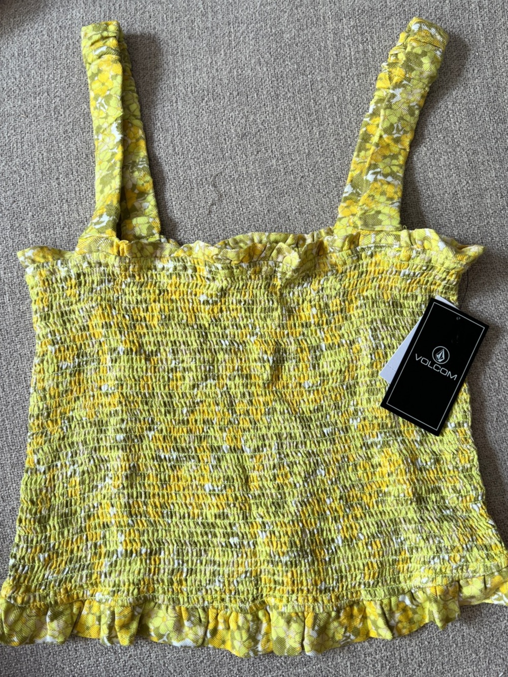 Volcom Yellow Floral Smocked Cami with Ruffle Straps